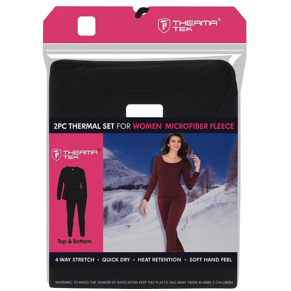 Womens Microfiber Fleece Thermal Set Base Layer Top & Bottom, Winter Warm, Black